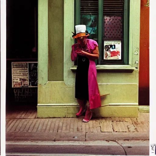 Image similar to A Filipino woman smoking outside a fancy restaurant, street photography, by Saul Leiter, Jamel Shabazz, Nan Goldin