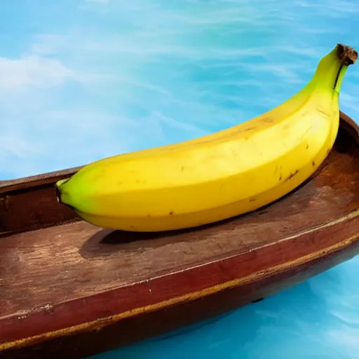 Image similar to friendly ripe smiling banana in a boat, background iridescent clouds