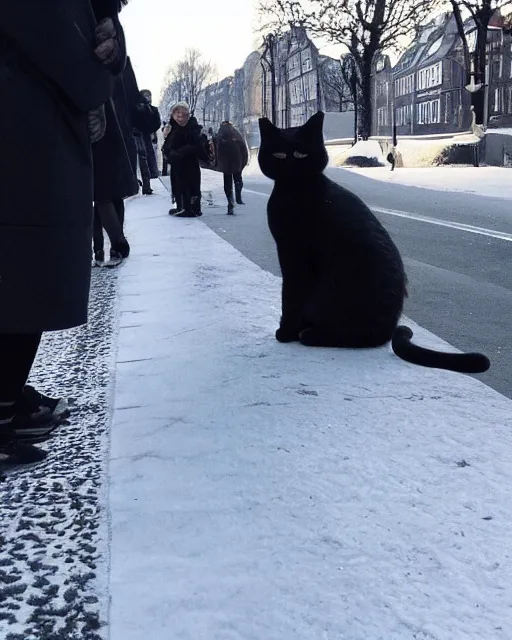 Prompt: cat standing up, cat standing on its hind legs, in line with people at a bus stop in winter copenhagen, as seen on reddit, photograph