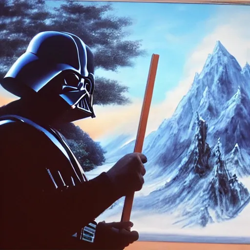 Image similar to a closeup photorealistic photograph of bob ross working on a canvas painting of darth vader. film still. brightly lit scene. mountains and trees. this 4 k hd image is trending on artstation, featured on behance, well - rendered, extra crisp, features intricate detail, epic composition and the style of unreal engine.