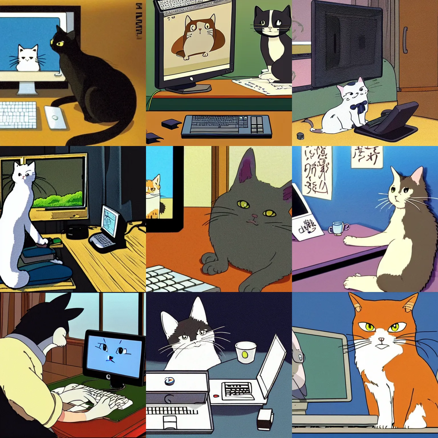 Prompt: a cat sitting at a desktop computer, studio ghibli
