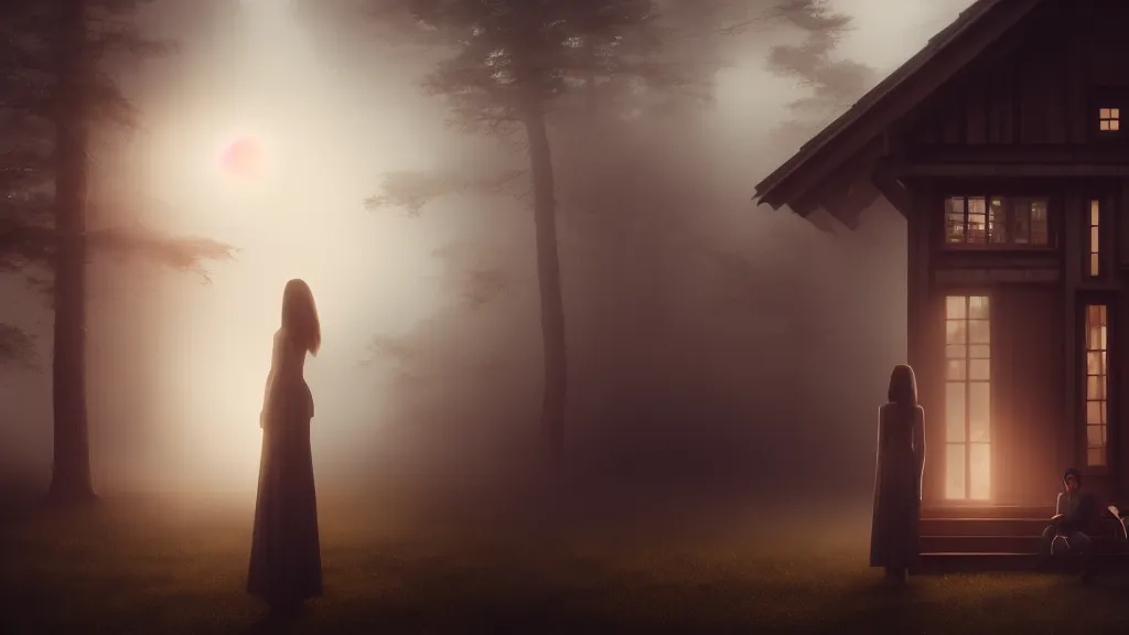 Image similar to portrait of a woman and a man standing on the threshold of a wooden house, fog, volumetric lighting, mystique, atmospheric, sharp focus, ultra detailed, ross tran, thierry doizon, kai carpenter, ignacio fernandez rios, noir art house, 4 k, 3 5 mm