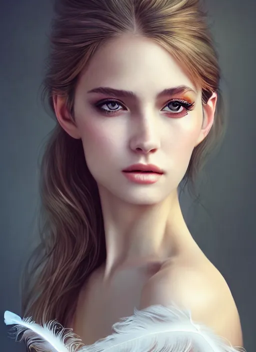 Prompt: a gorgeous female photo, professionally retouched, soft lighting, wearing a feather dress, realistic, smooth face, perfect eyes, wide angle, sharp focus on eyes, 8 k high definition, insanely detailed, intricate, elegant, art by artgerm and wlop