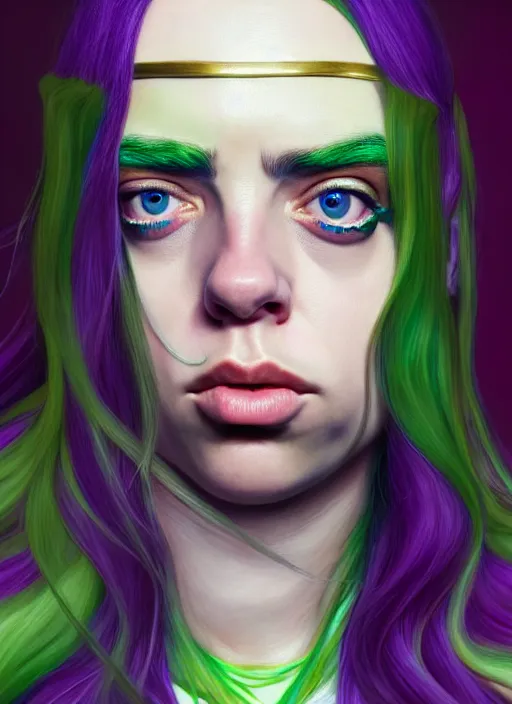 Image similar to Billie Eilish as Female Loki, beautiful facial symmetry, olive skin color, hyper realistic, hyper detail, very detailed, digital art, trending on artstation, smooth render, 8k octane render, digital illustration, by Katsuhiro Otomo and Shigeru Miyamoto