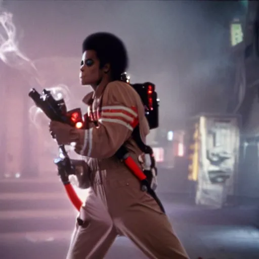 Image similar to stunning awe inspiring michael jackson playing a ghostbuster in the movie ghostbusters, movie still 8 k hdr atmospheric lighting