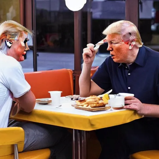 Image similar to photograph of trump and Biden sitting and eating breakfast at a Wafflehouse