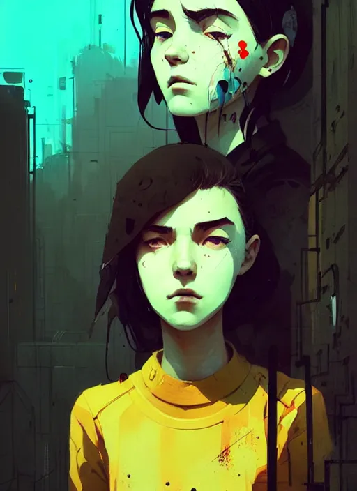 Prompt: highly detailed portrait of a moody dystopian young adult lady by atey ghailan, by greg rutkowski, by greg, tocchini, by james gilleard, by joe fenton, by kaethe butcher, gradient yellow, black, brown and cyan color scheme, grunge aesthetic!!! ( ( graffiti tag city background ) )