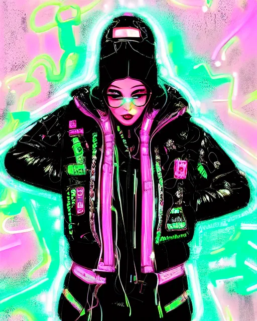 Image similar to detailed portrait Neon Operator Girl, cyberpunk futuristic neon, reflective puffer jacket, black leggings, decorated with traditional Japanese ornaments by Ismail inceoglu dragan bibin hans thoma !dream detailed portrait Neon Operator Girl, cyberpunk futuristic neon, reflective puffy coat, decorated with traditional Japanese ornaments by Ismail inceoglu dragan bibin hans thoma greg rutkowski Alexandros Pyromallis Nekro Rene Maritte Illustrated, Perfect face, fine details, realistic shaded, fine-face, pretty face