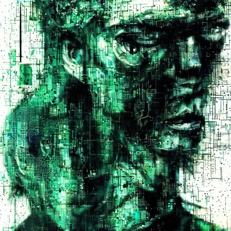 Image similar to portrait of a cyberpunk man, mysterious, glitch effects over the eyes, by Guy Denning, by Johannes Itten, by Russ Mills, glitch art, hacking effects, chromatic, cyberpunk, intricate detail, Blue and Green, color blocking, oil on canvas, concept art, abstract, trending on artstation, masterpiece