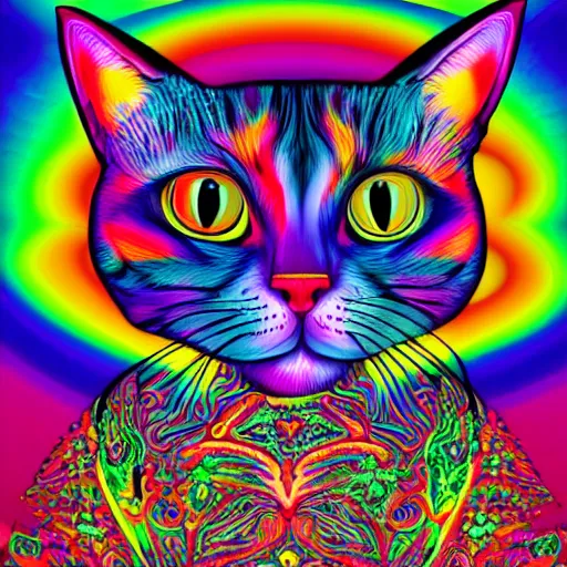 Prompt: a psychedelic image of a cat and a person standing in front of it, poster art by lisa frank, featured on deviantart, psychedelic art, psychedelic, mystical, hypnotic