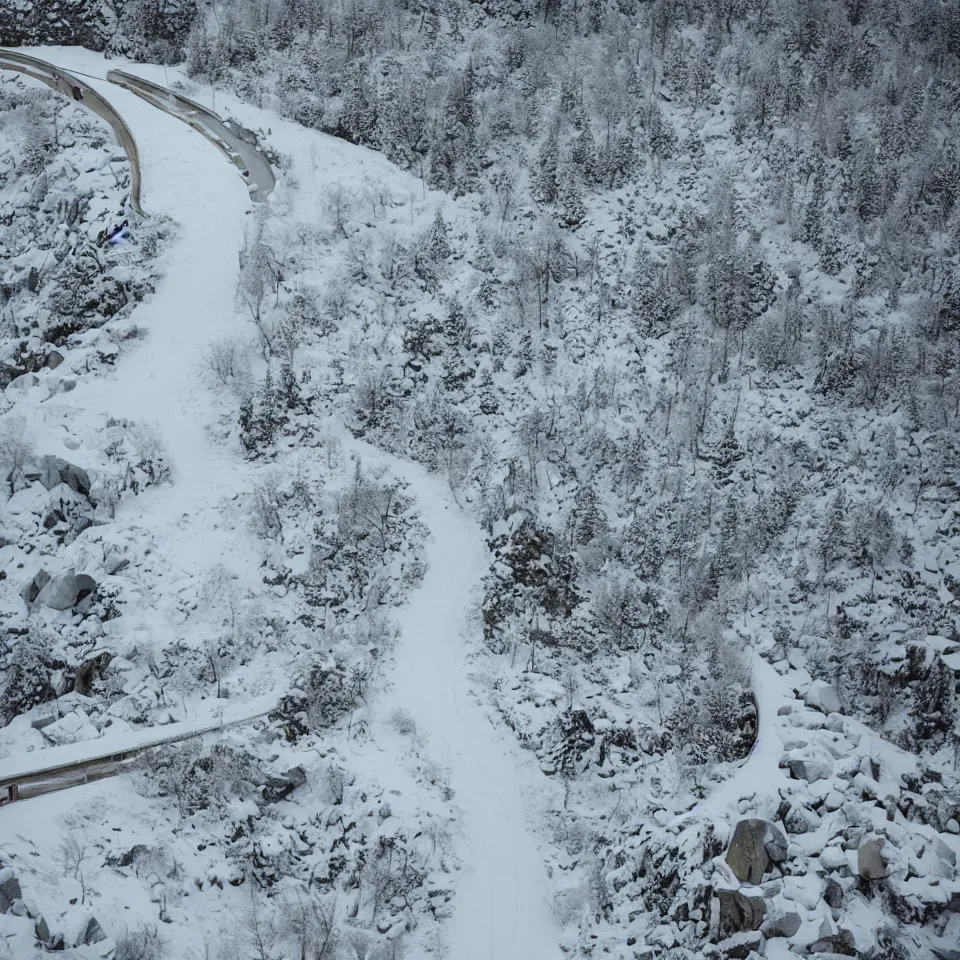 Image similar to a road leading to a mid-century modern house on top of a cliff in the arctic, covered with snow, designed by Frank Gehry, with a long pathway toward it. Big tiles. Film grain, cinematic, yellow hue