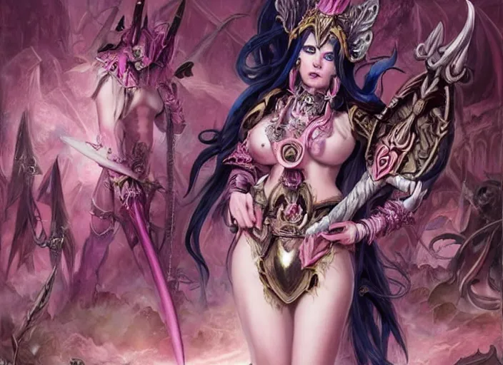 Image similar to Skilled Slaanesh demonette with pink tail and small horns on her head and beautiful long black hair wearing the outfit of slaanesh legions looking at the viewer corrupting an ultramarine space marine, elegant, delicate, powerful, smooth, highly detailed, Artstation, Cgsociety, art by Mark Simonetti and Gil Elvgren and artgerm, mucha, Warhammer illustration, digital art