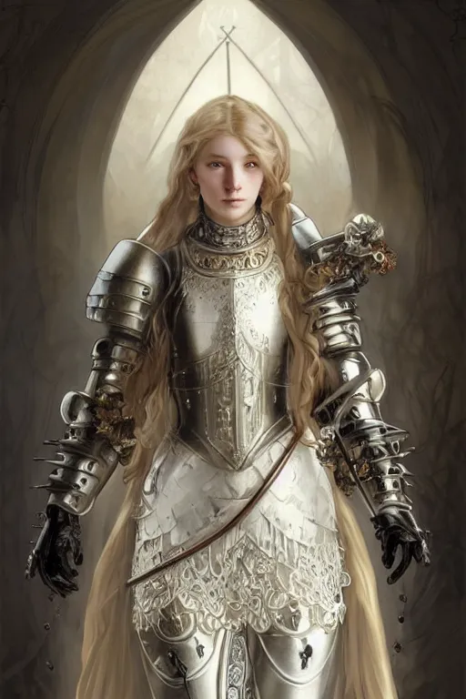 Image similar to beautiful and victorian and holy and divine and elite young medieval female white armor knight portrait +shinny eyes+front face with light flowing hair, ultradetail face, art and illustration by tian zi and craig mullins and WLOP and alphonse mucha, fantasy, intricate complexity, human structure, human anatomy, fantasy character concept, watermark, blurry, hyperrealism 8k