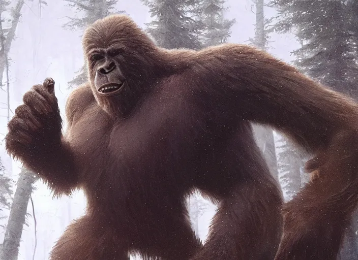 Prompt: close up cinematic artwork of bigfoot staring down the enemy on the battlefield by Greg Rutkowski, 4k, masterpiece