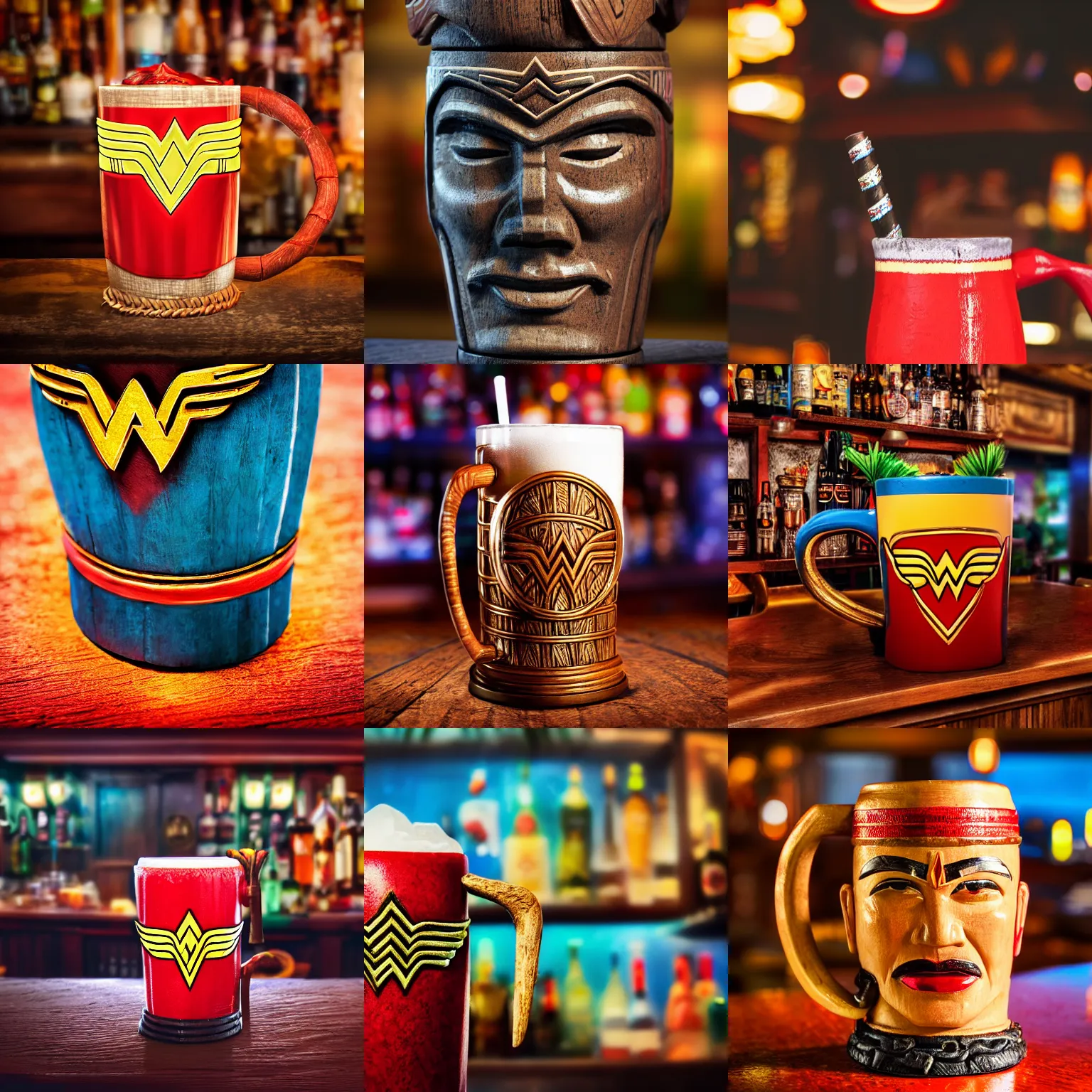 Prompt: a closeup photorealistic photograph of a wonder woman style tiki mug placed on a trader vic's bar. tiki culture. brightly lit scene. this 4 k hd image is trending on artstation, featured on behance, well - rendered, extra crisp, features intricate detail, epic composition and the style of unreal engine.