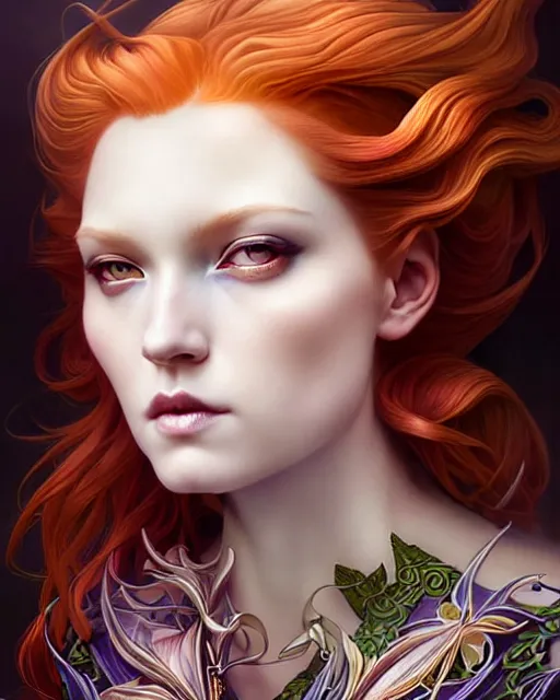 Image similar to Beautiful, evil and playful ethereal ginger portrait, art nouveau, fantasy, intricate flower designs, elegant, highly detailed, sharp focus, art by Artgerm and Alex Ross Tran and WLOP