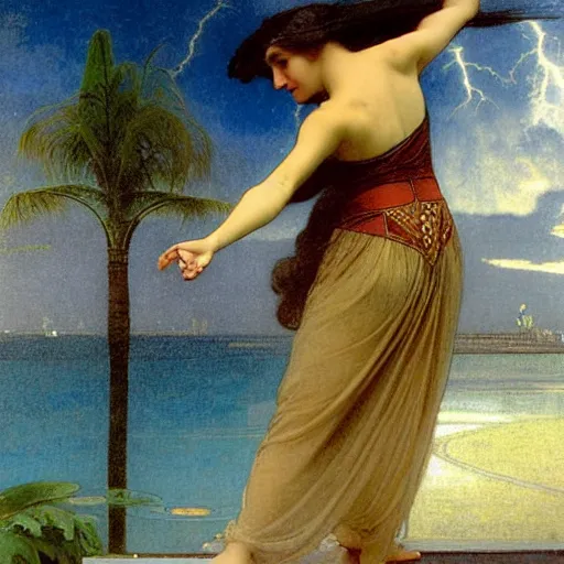 Prompt: Girl throwing gand signs at the palace, thunderstorm, pool, beach and palm trees on the background major arcana sky, by paul delaroche, alphonse mucha and arnold böcklin arnold böcklin hyperrealistic 8k, very detailed