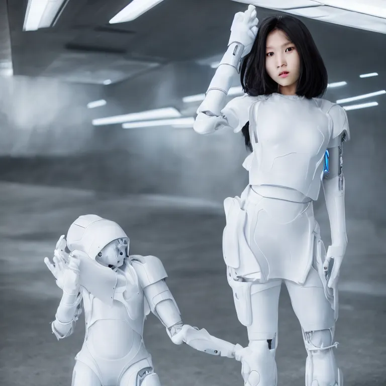 Image similar to high quality photograph of a futuristic asian cyborg girl, fashionable white outfit, blue skin, neotenous, kpop idol apperance, 4 k, portra 4 0 0, 3 5 mm, award winning photography