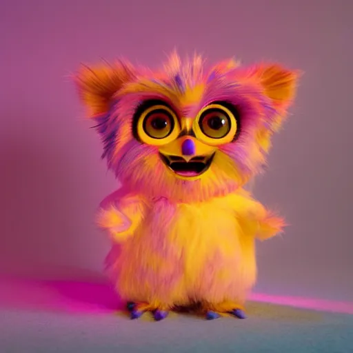 Prompt: a cute colorful furby, photography, golden hour, bokeh, colorful, saturated, cinematic lighting, volumetric light, 8 k