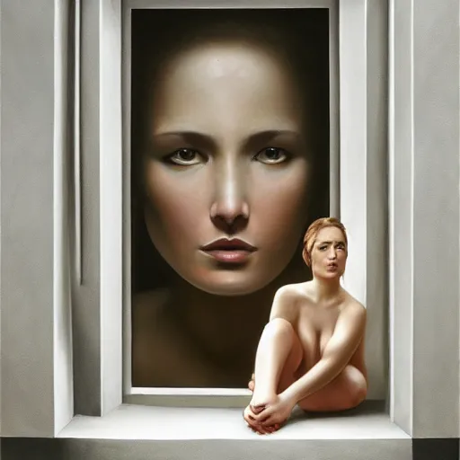 Image similar to natural, aesthetic by joel rea, by jeff wall, by josef capek. a experimental art of a beautiful young woman seated at a window, looking out at the viewer with a serene expression on her face. the light from the window illuminates her features & creates a warm, inviting atmosphere. the essence of beauty & tranquility.