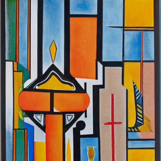 Image similar to cubism mixed with srilankan traditional abstract shapes