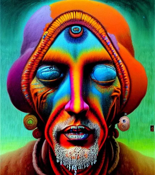 Image similar to Portrait painting in a style of Beksinski mixed with Alex Grey of an old shaman dressed in a colorful traditional clothes.