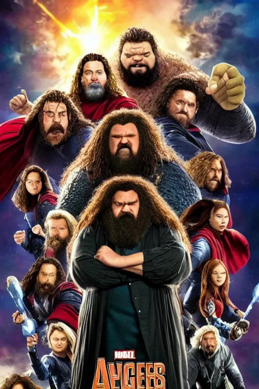 Prompt: movie poster for a new Marvel movie called Hagrid and the Avengers, directed by Taika Waititi