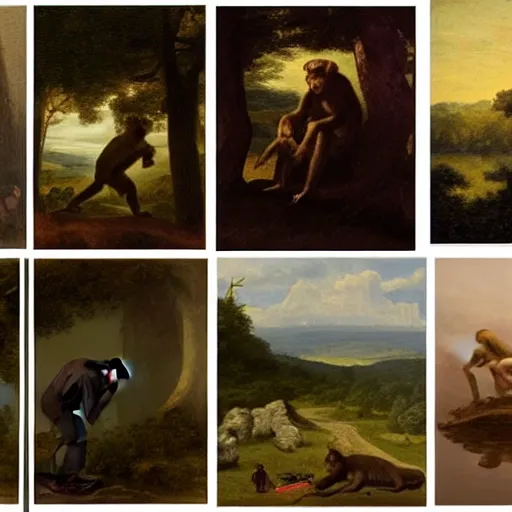 Image similar to evolution from monkey to man, 4 pictures, in the style of the Hudson River School