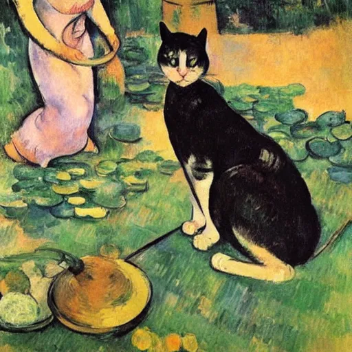 Prompt: cat dancing during bon odori in lotus pond, paul cezanne, monet, manet, van gogh