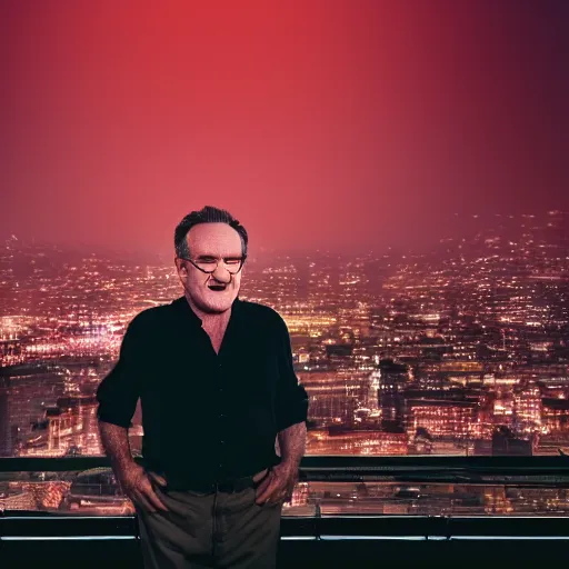 Image similar to a still of Robin Williams. Shallow depth of field. City at night in background, lights, colors ,studio lighting, mood, 4K. Profession photography