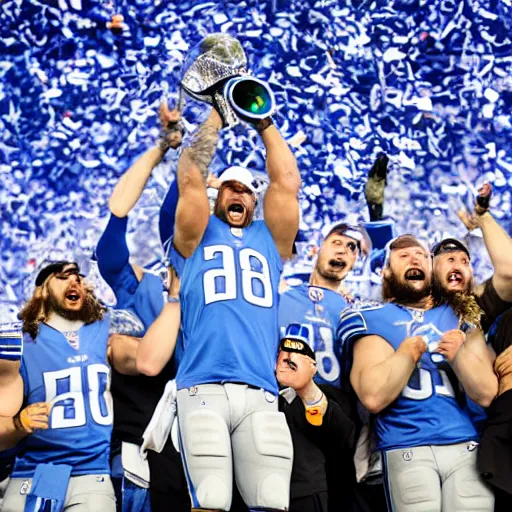 Image similar to detroit lions win the lombardi trophy, confetti, 8 k sports photography