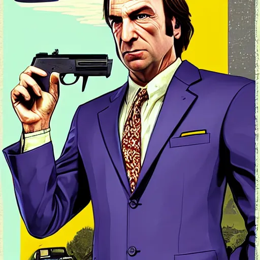 Image similar to Saul Goodman in GTA V, cover art by Stephen Bliss,