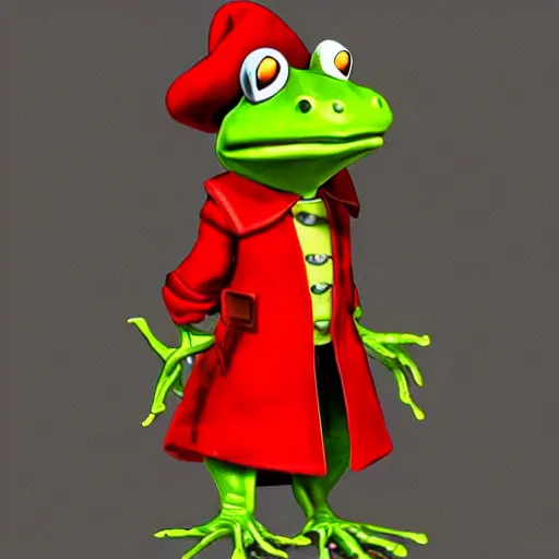 Prompt: character concep art of a humanoid frog butcher with a red coat as an enemy in spyro the dragon video game concept art, playstation 1 era, activision blizzard, 4 k resolution concept art