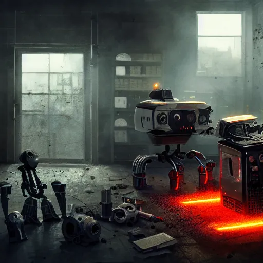 Image similar to toaster oven robot, mechanical, machine, octane render, sharp focus, hyper - realistic, intricate, detailed, eduard pronin, luka mivsek, ruan jia, dark messy smoke - filled cluttered workshop, dark, dramatic lighting, orange tint, sparks, cinematic, highly detailed, sci - fi, futuristic, movie still