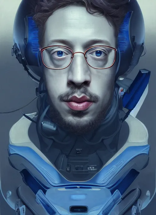 Prompt: portrait of Sam Hyde as a futuristic airforce, inside future fighter, sci-fi, fantasy, intricate, very very alpha and sigma, elegant, human anatomy, royal blue light, highly detailed, digital painting, artstation, concept art, smooth, sharp focus, illustration, art by tian zi and WLOP and alphonse mucha