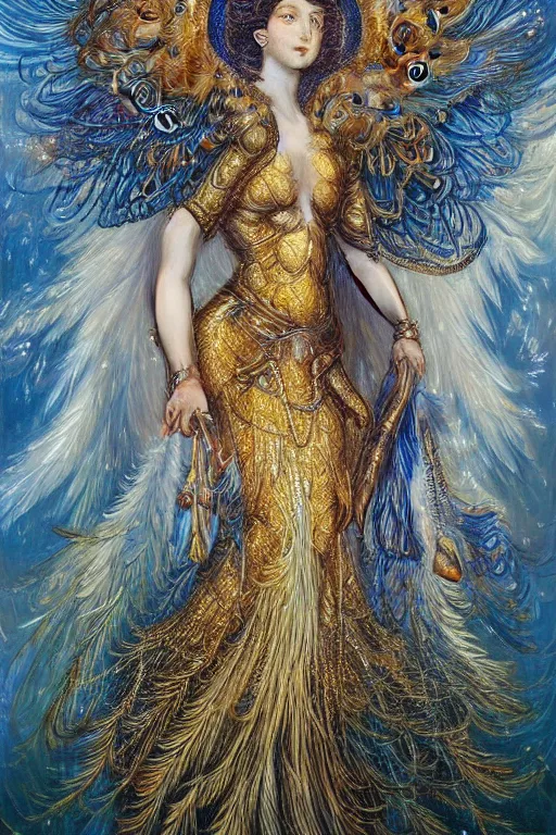 Prompt: beautiful angel with peacock feathers and golden diamond armor shining light pearls god rays by Karol Bak, Ayami Kojima, Amano