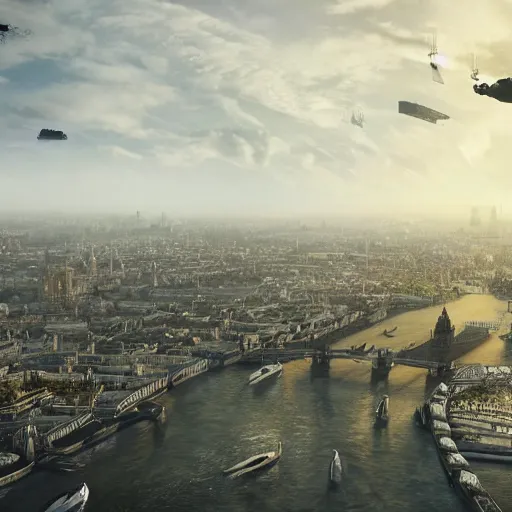 Prompt: A futuristic sky garden floating over polluted London in the year 2500, photorealistic, Big Ben, London Eye, Houses of Parliament, London, highly detailed, 4k, 8k