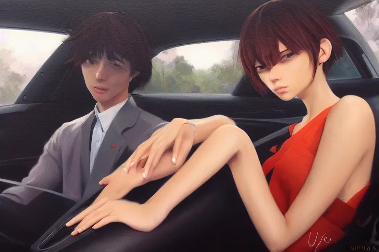 Prompt: A ultra detailed beautiful portrait panting of a stylish pepe sitting in the backseat of a car, Oil painting, by Ilya Kuvshinov, Greg Rutkowski and Makoto Shinkai