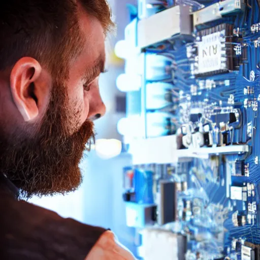 Prompt: Beautiful Photo of Arduino Uno in the robot's head. cyborg beard man profile view. Cyberpunk. splatterpunk. 4K