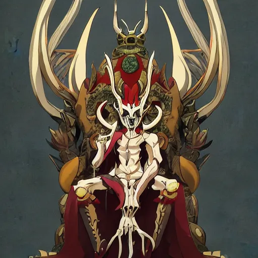 Image similar to concept art painting of an anthropomorphic dragon king with robes, a long dragon neck, and horned skull mask, sitting on a throne, anime style, cel shaded, in the style of makoto shinkai and james gurney and studio ghibli and moebius