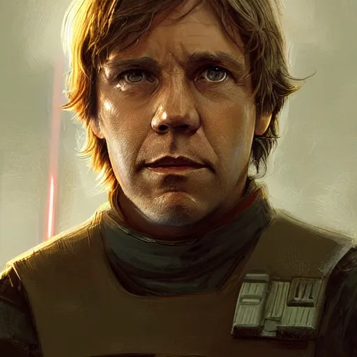 Prompt: portrait of a man by greg rutkowski, commander luke skywalker, father figure image, wearing the tactical gear of the galactic alliance, star wars expanded universe, he is about 4 0 years old, highly detailed portrait, digital painting, artstation, concept art, smooth, sharp foccus ilustration, artstation hq