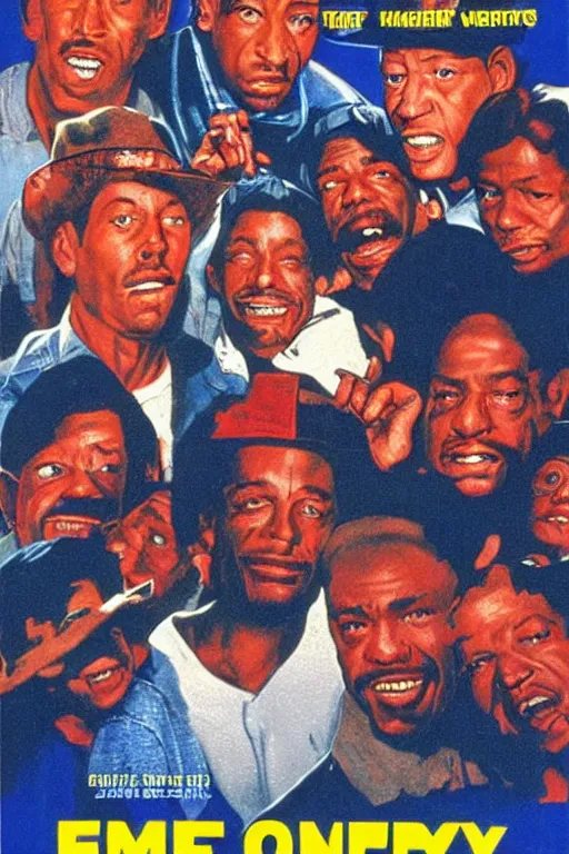 Prompt: vintage movie poster ernest goes to compton, jim varney, gangs, crips, bloods, 1 9 8 2, drew struzan inspiration