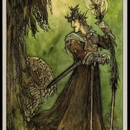 Image similar to The Green Knight, illustrated by Arthur Rackham, watercolour, romanticist, Arthurian