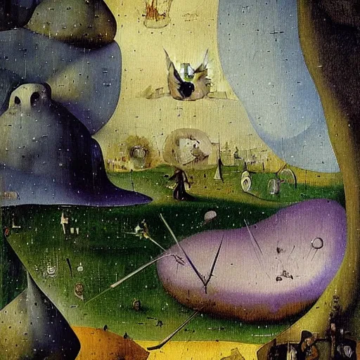 Image similar to ethereal, multi-dimensional landscape, lavender, detailed painting by Hieronymus Bosch