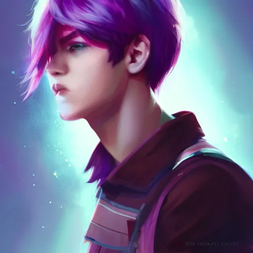 Image similar to colorful and festive captivating teenager boy with straight purple hair, purple eyes with red eye markers, slim body, wearing japanese combat clothes. rich vivid colors, ambient lighting, dynamic lighting, 4 k, atmospheric lighting, painted, intricate, highly detailed by charlie bowater