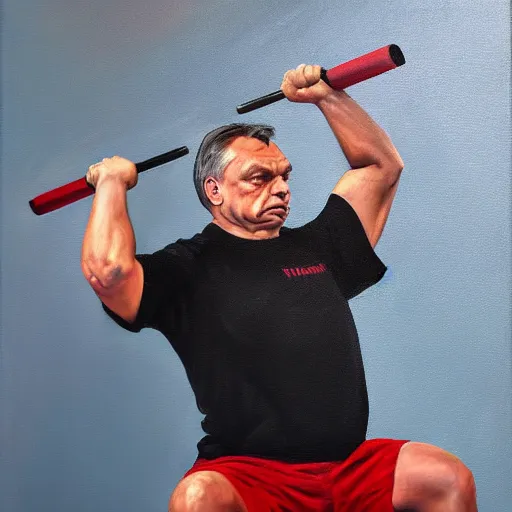 Image similar to viktor orban weightlifting, oil painting