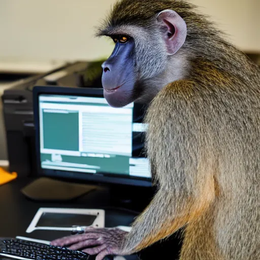 Image similar to a baboon programming, in the office