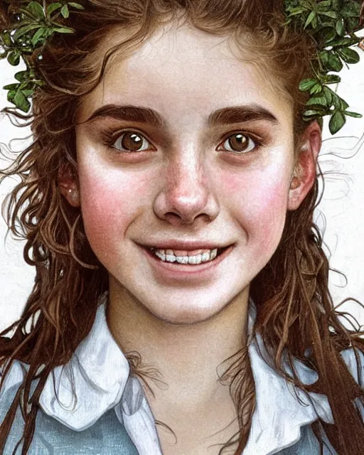 Image similar to close up portrait of 1 5 - year - old girl, smile with large front teeth, hermione granger, very bushy brown hair, and very bright brown eyes, wearing white shirt, hyper realistic face, beautiful eyes, close up, fantasy art, in the style of greg rutkowski, intricate, alphonse mucha, hyper detailed, smooth