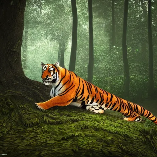 Image similar to fantasy tiger in a forest, landscape, highly detailed, sharp focus, octane render, illustration, 8k, trending on Artstation