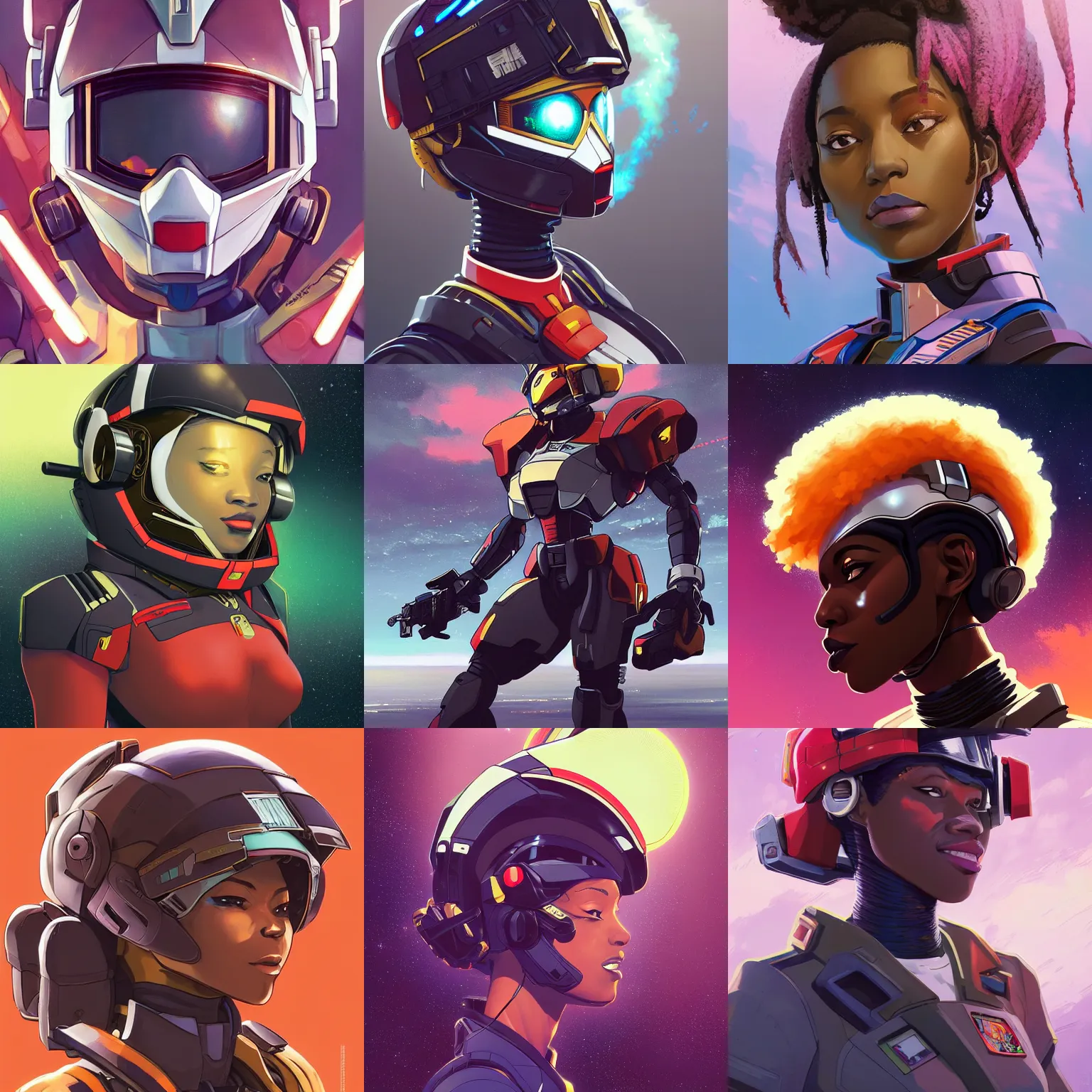 Prompt: a portrait of a stunningly beautiful elite smug 👩🏿 gundam pilot, with an intricate, detailed, urban inspired hiphop afro futuristic helmet, vector behance hd jesper ejsing, rhads, makoto shinkai, lois van baarle, ilya kuvshinov, rossdraws, hd, 3 2 k, ilya kuvshinov, gustav klimt